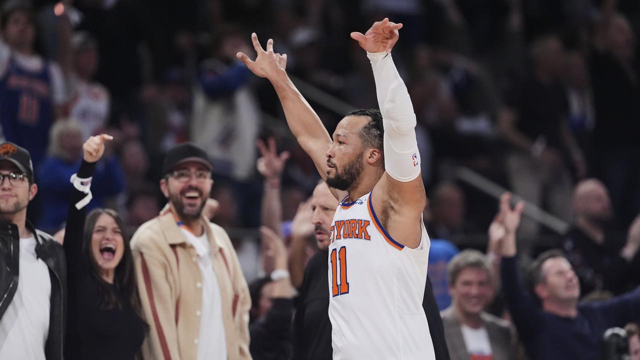 New York Knicks' Jalen Brunson (11) gestures to fans during the second half of Game 6 in the Eastern Conference semi-finals of the NBA basketball playoffs against the Boston Celtics Friday, May 16, 2025, in New York. (AP Photo/Frank Franklin II)