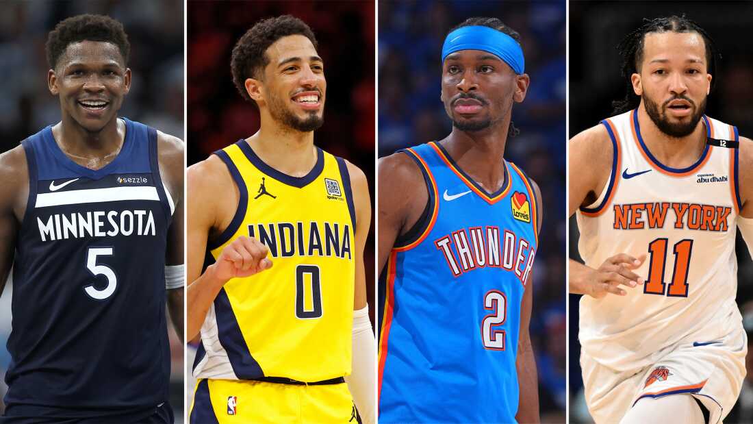 (Left to right): Anthony Edwards of the Minnesota Timberwolves, Tyrese Haliburton of the Indiana Pacers, Shai Gilgeous-Alexander of the Oklahoma City Thunder, Jalen Brunson of the New York Knicks