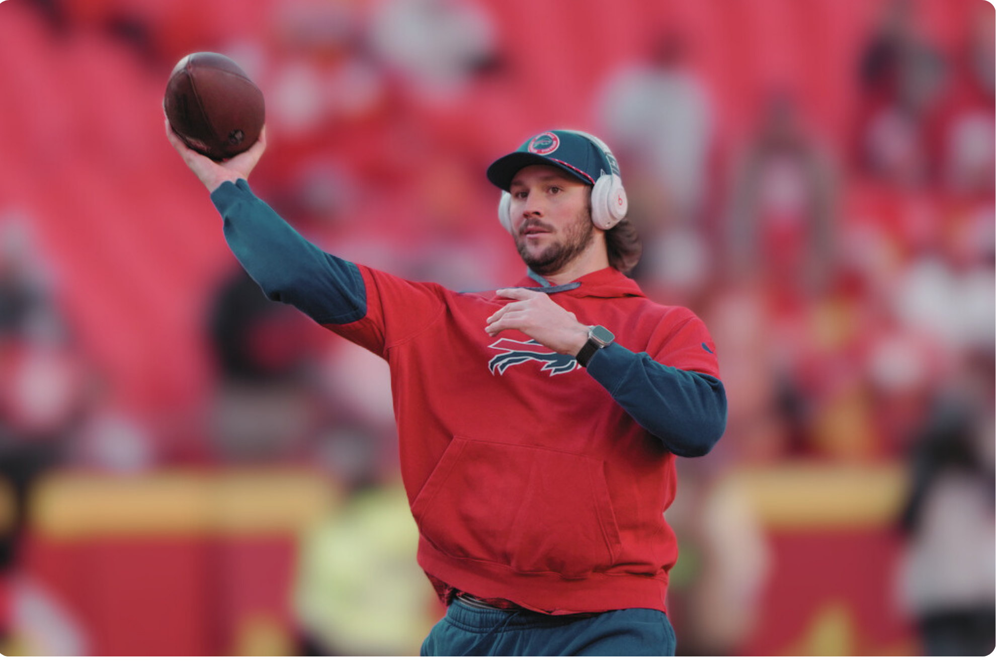Buffalo Bills quarterback Josh Allen warms up before the AFC Championship NFL football game against the Kansas City Chiefs.