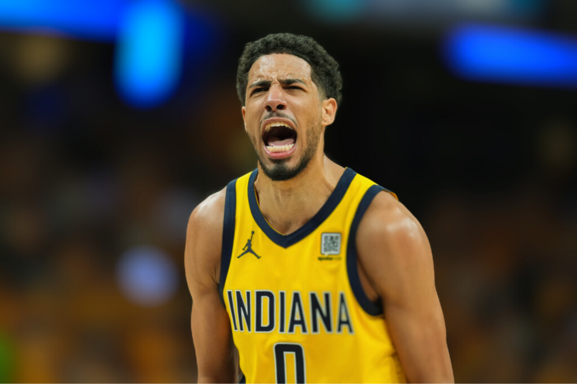 Indiana Pacers guard Tyrese Haliburton reacts after making a three pointer against the Oklahoma City Thunder during the second half of Game 3 of the NBA Finals basketball.
