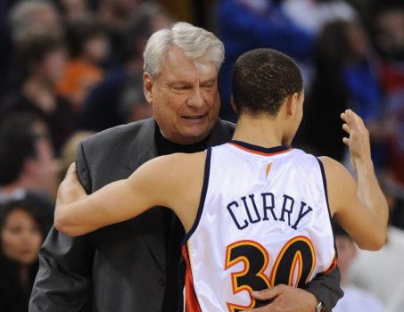 WARRIORS VS. DETROIT PISTONS Golden State Warriors head coach Don Nelson hugs Stephen Curry, (30), as they celebrate their win over the Detroit Pistons on Saturday, Feb. 27, 2010 at the Oracle Arena in Oakland, Calif. The Warriors defeat the Pistons 95-88. (Jose Carlos Fajardo/Staff)