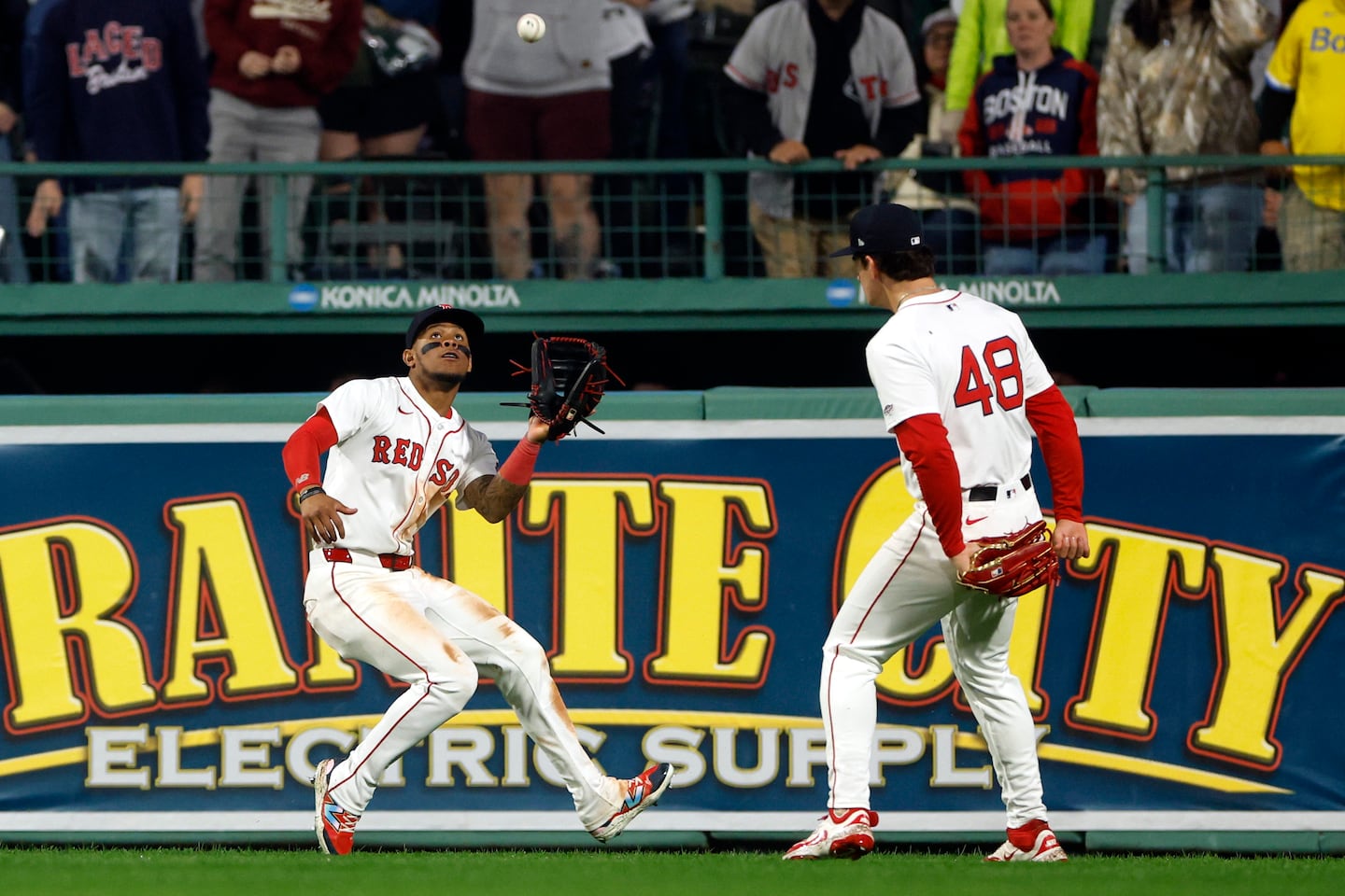 Red Sox right fielder Roman Anthony backed as  center fielder Ceddanne Rafaela made a catch in the ninth inning.