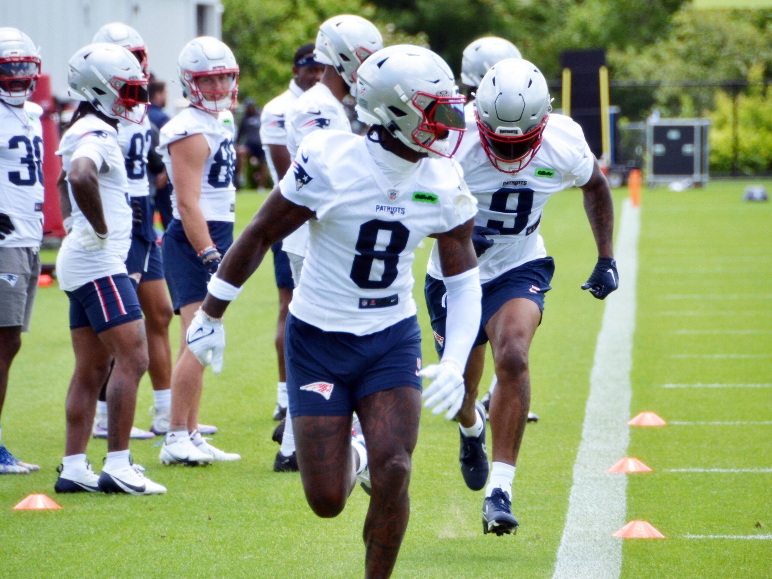 Stefon Diggs runs a route at New England Patriots OTA practice at Gillette Stadium.