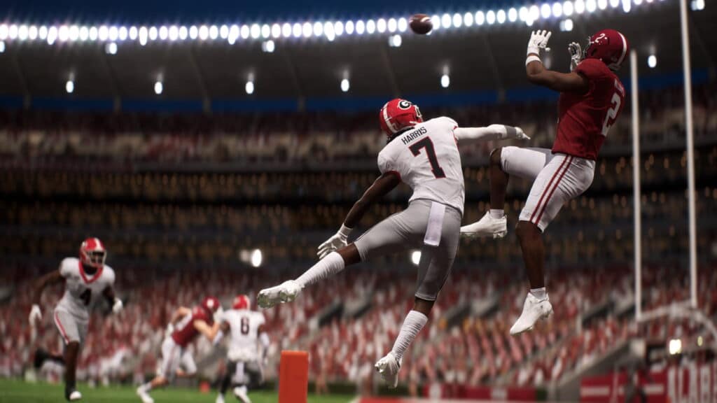 Georgia defender blocks a pass to Alabama receiver in EA College Football 26.