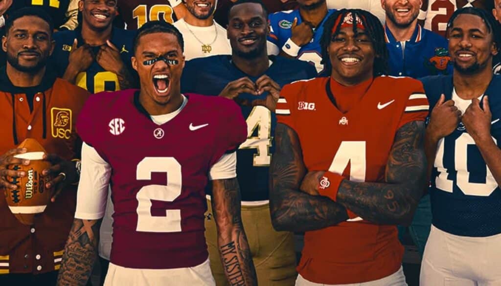 EA College Football 26 cover stars Ryan Williams and Jeremiah Smith pose with other college football athletes from various teams.