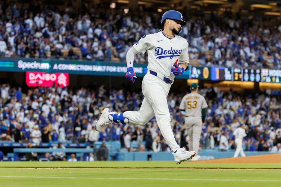 Andy Pages runs the bases after hitting a solo home run against the Athletics at Dodger Stadium on May 14.