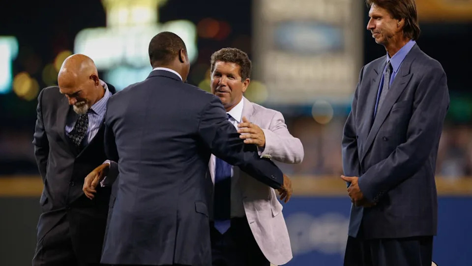 <div>SEATTLE, WA - AUGUST 10: Former Mariners great, Ken Griffey Jr. gets a hug from Edgar Martinez as he is introduced during a ceremony inducting him into the Seattle Mariners Hall of Fame prior to the game against the Milwaukee Brewers at Safeco Field on August 10, 2013 in Seattle, Washington. Jay Buhner and Randy Johnson (R) look on.</div><strong>((Photo by Otto Greule Jr/Getty Images))</strong>