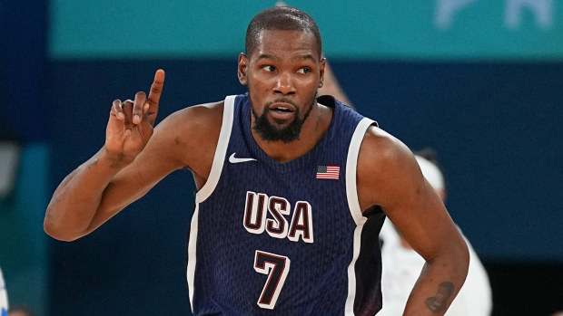 Kevin Durant #7 of the USA Men's National Team looks on during the game during the Mens Gold Medal game at the AccorHotels Arena on August 10, 2024 in Lille, France.