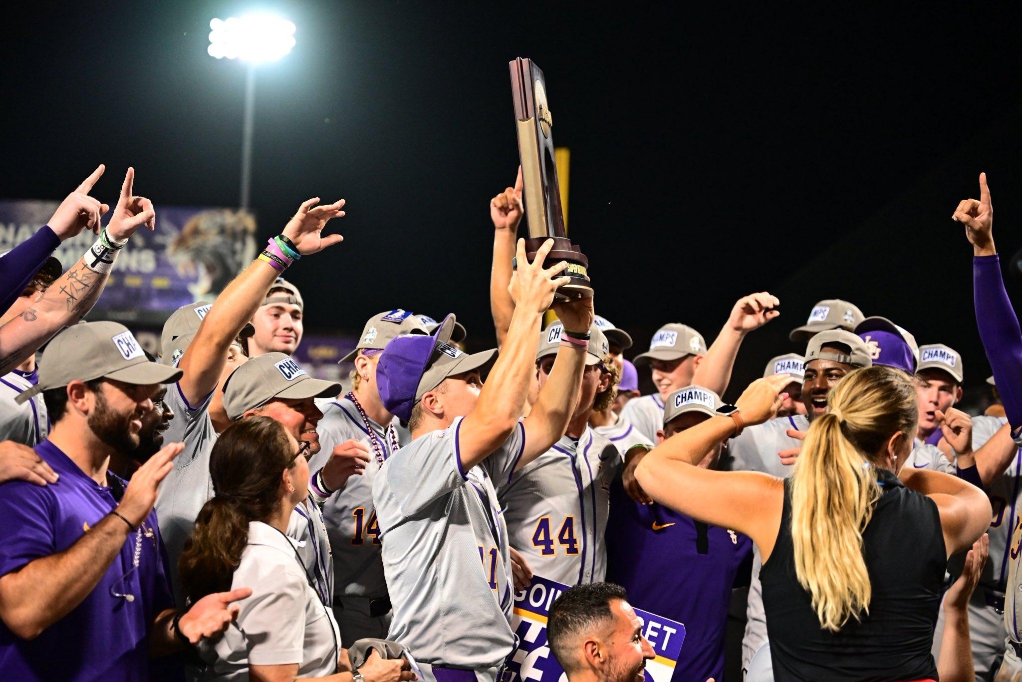 LSU baseball players celebrate advancing to the 2025 Men's College World Series