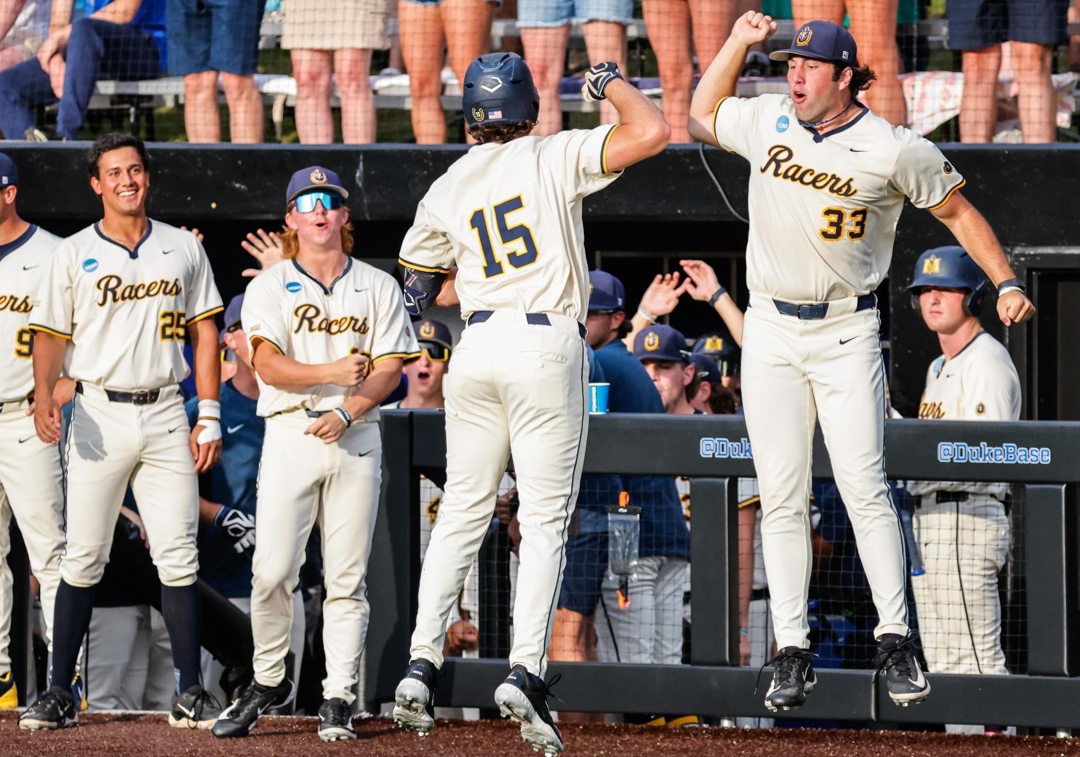 Murray State Racers celebrate in a super regional game against Duke